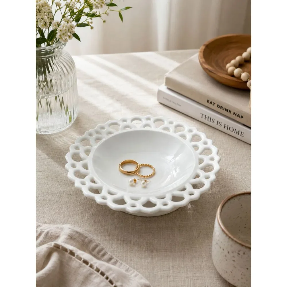 Vintage White Milk Glass Lace Edge Pedestal Bowl Openwork Dish Trinket Holder